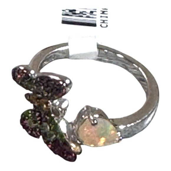 Butterfly Opal & Multicolor Rhinestone Gemstone Open Sterling Silver Ring Size 9 - Picture 9 of 10